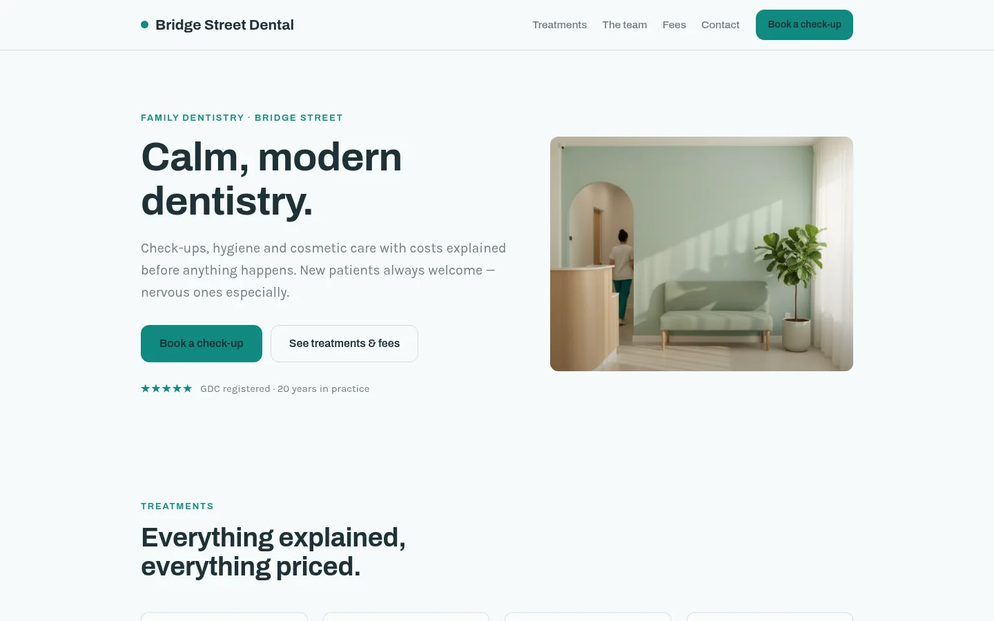 A working Mavie website demonstration for a fictional dental practice